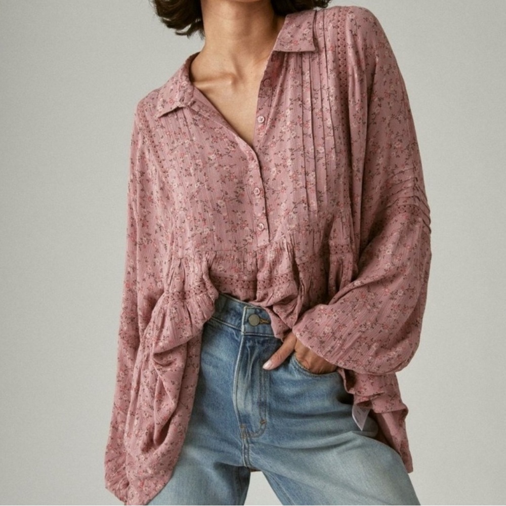 Lucky Brand Floral Pink Boho Popover Blouse | Size L (Oversized Fit)